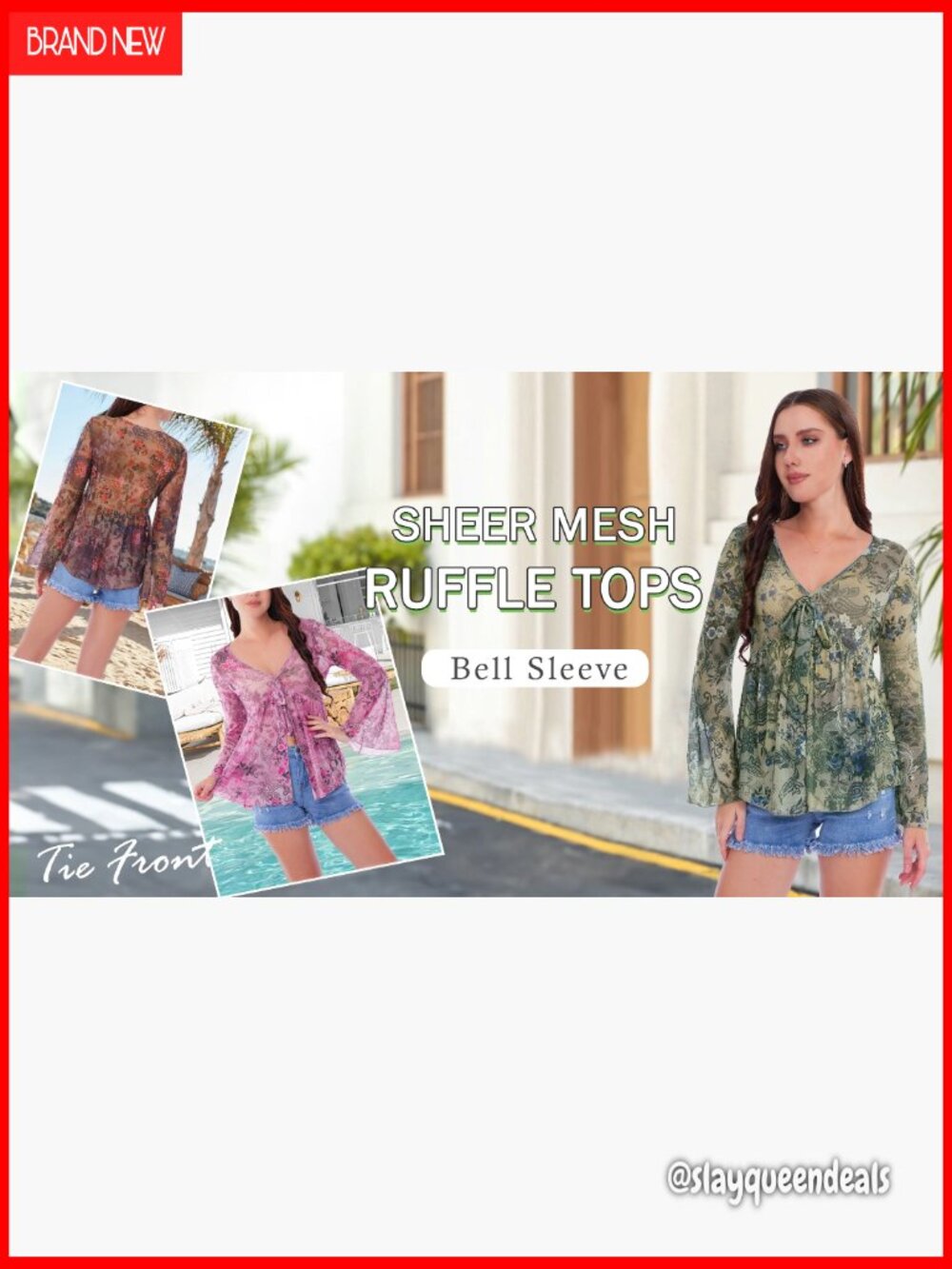 Bell Sleeve Boho Peplum Mesh V Neck Blouse Tie Front Vacation Top - Picture 6 of 6